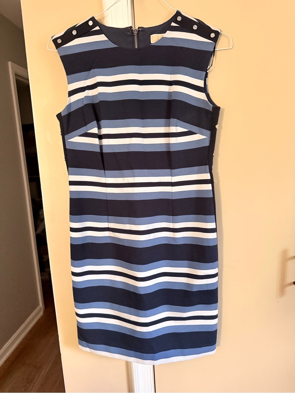 Size 6 Michael Kors Navy, Light Blue and White Striped Midi Dress